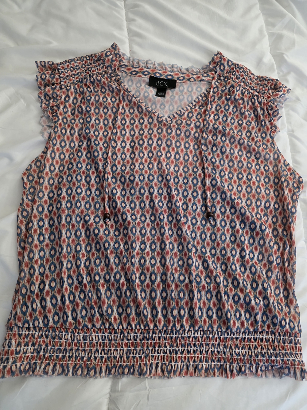 BCX Sleeveless V-Neck Top in Navy and Coral Geometric Print